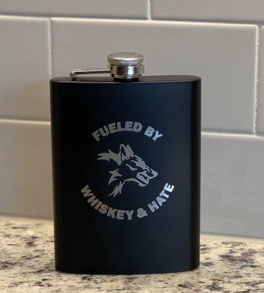 FUELED BY WHISKEY AND HATE LASER ENGRAVED FLASK WITH FUNNEL