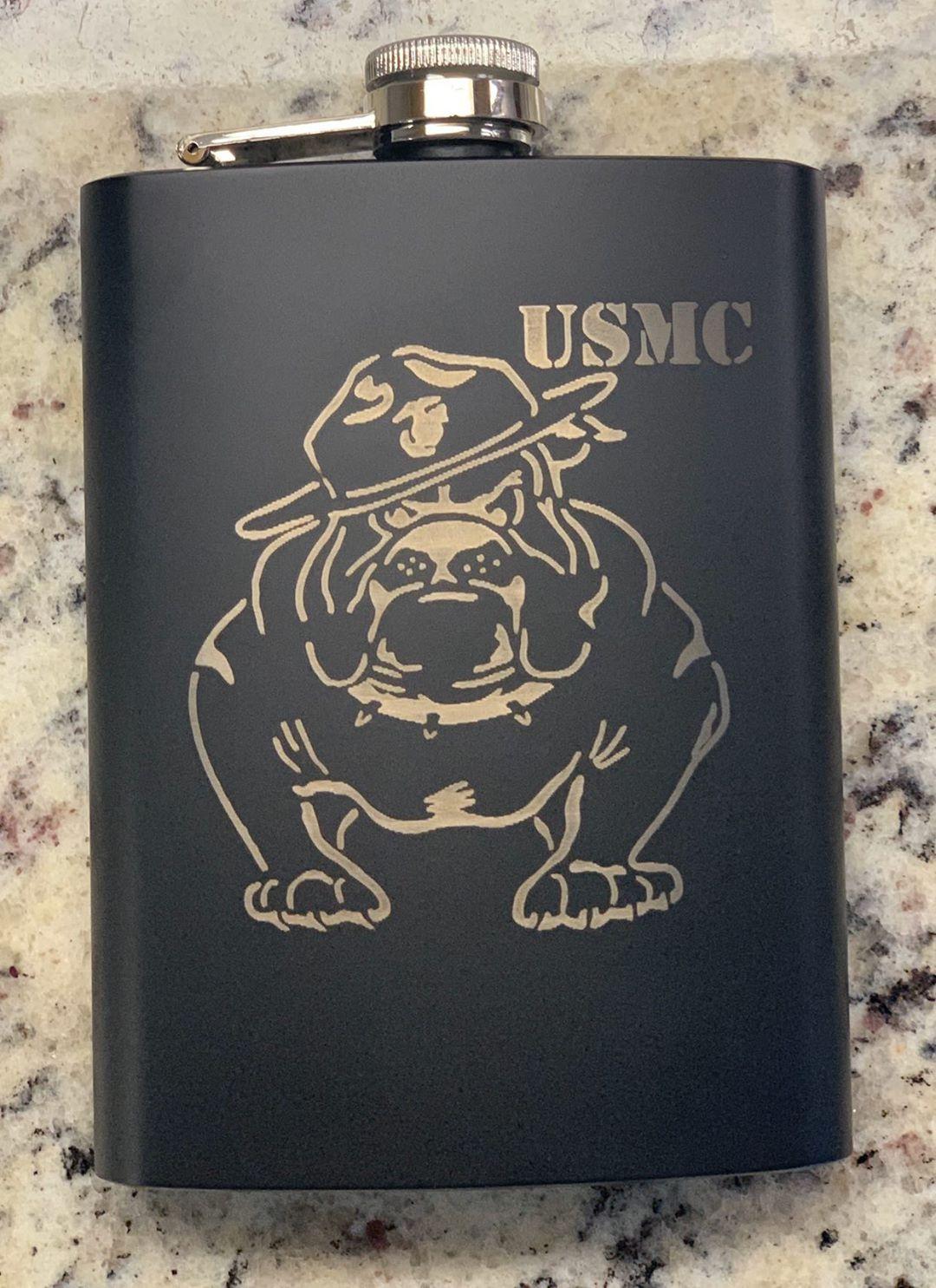 BLACK USMC BULLDOG LASER ENGRAVED FLASK WITH FUNNEL