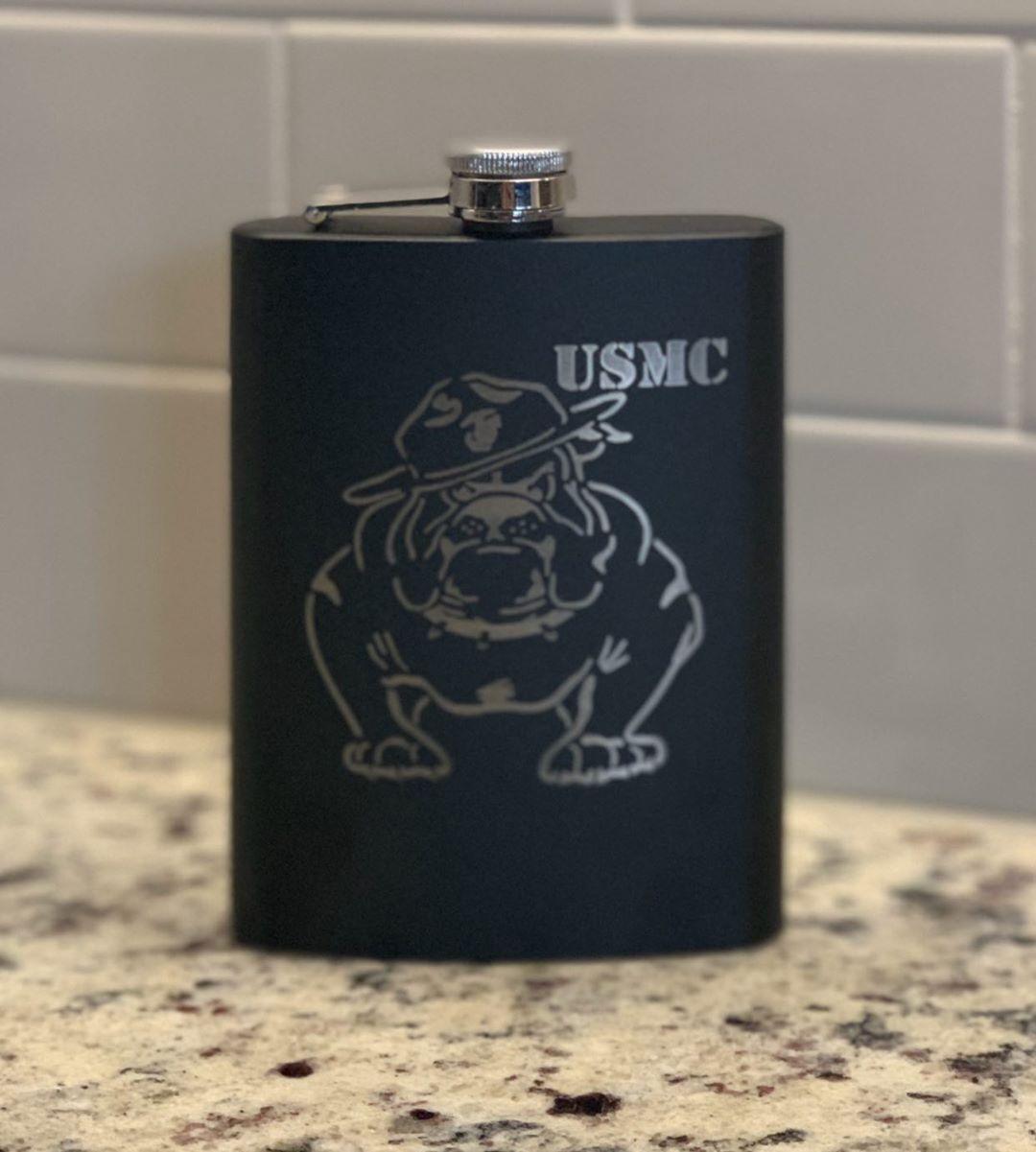 BLACK USMC BULLDOG LASER ENGRAVED FLASK WITH FUNNEL